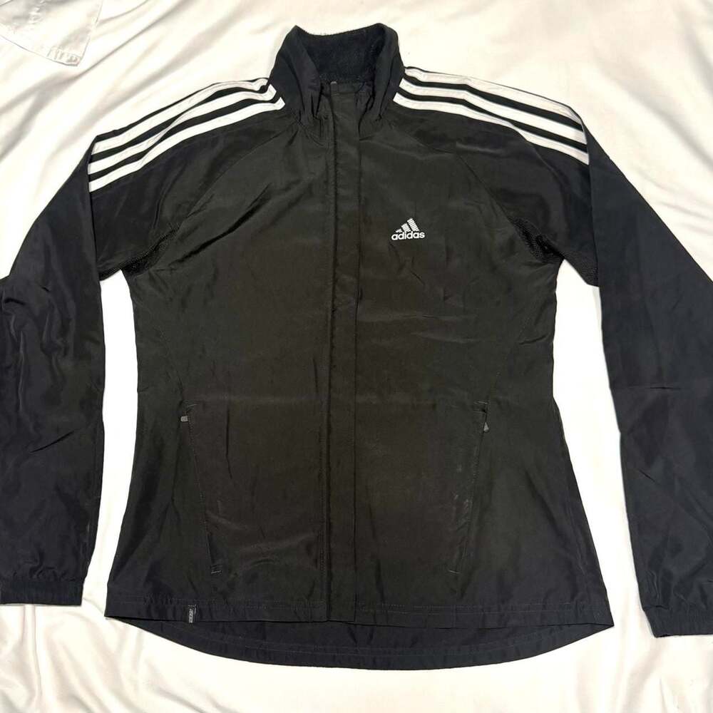Adidas ClimaProof Black Three Stripe Athletic Windbreaker Jacket